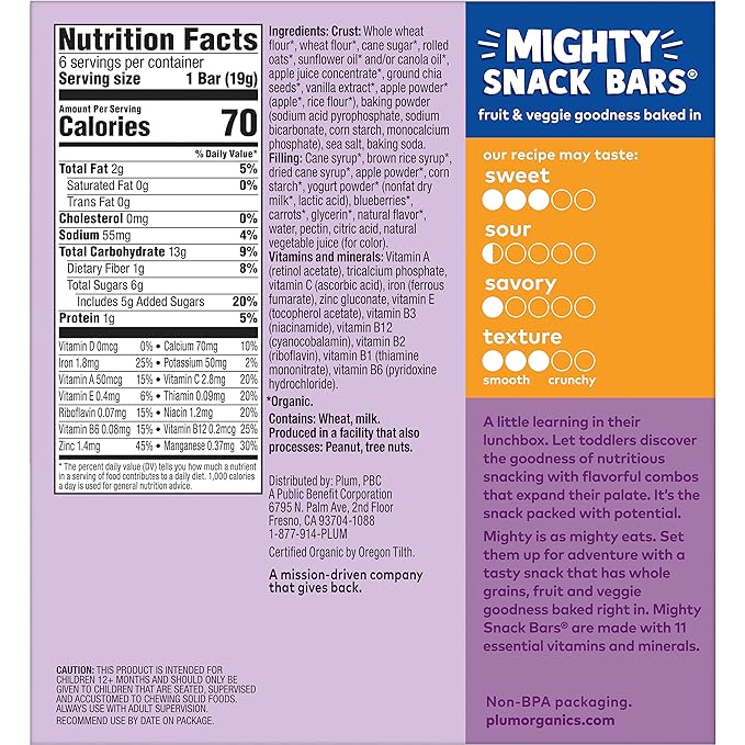 Plum Organics Mighty Snack Bars - Blueberry - 0.67 oz Bars (Pack of 48) - Organic Fruit and Vegetable Toddler Food Snack Bars
