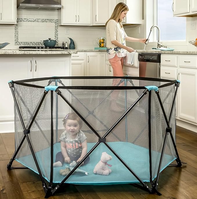 Regalo Safety My Play Portable Baby Play Yard & Playpen, 6-Panel Indoor & Outdoor Playpen with Mesh Sides, Foldable, Washable Fabric, 48-Inch, Aqua, Tested & Safe, American Designed & Family Owned