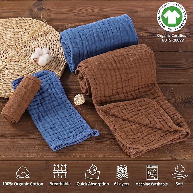 4-Piece Muslin Baby Towel Set - 100% Organic Cotton, (2) 6-Layer 32x32 Towels & (2) Washcloths, Bath, Beach & Pool Gift Set (Coffee & Blue)