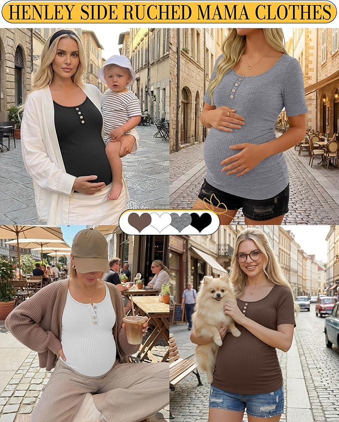 4 Pack Womens Maternity Shirts Scoop Neck Cotton Short Sleeve Ribbed Pregnancy Top Henley Side Ruched Mama Clothes