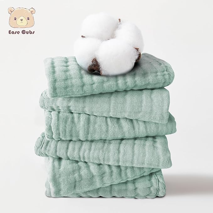 12 Pack Muslin Washcloths for Baby - 100% Cotton Baby Wash Cloths for or Baby Face Body Comfy and Soft for Newborn Infants Kids Girls and Boys - 12"x12" - Green