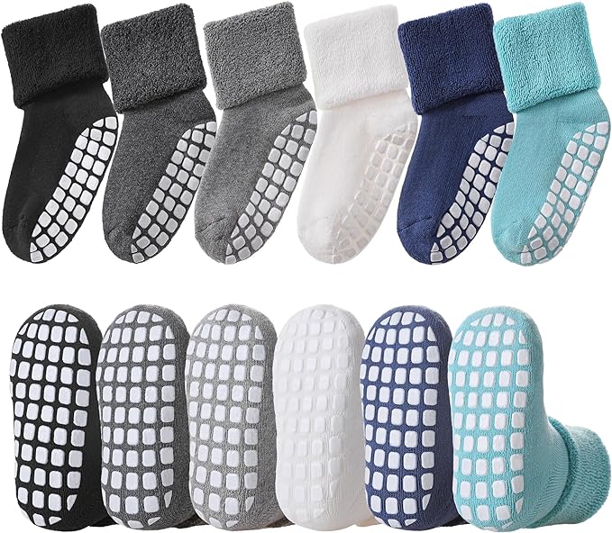 LANLEO Baby Girls Boys Non Slip Socks with Grips Toddler Kids Unisex Warm Thick Cotton Ankle Crew Socks with Grippers