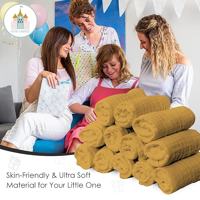 Cute Castle 12 Pack Muslin Baby Washcloths - Large 12'' by 12'' - Ultra Soft 100% Cotton - Super Absorbent Burp Cloths for Unisex, Boy, Girl -Honey
