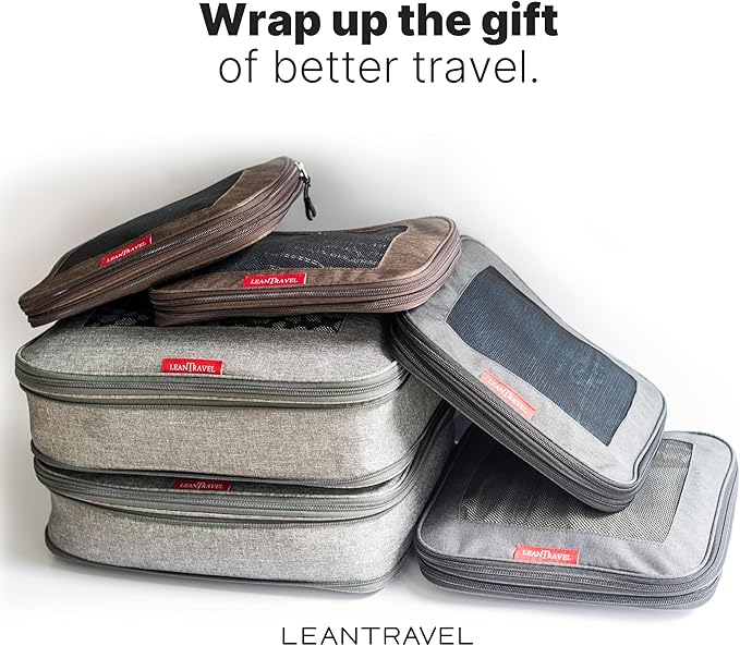 LeanTravel Premium Compression Packing Cubes for Travel - Luggage Organizers with Double Zipper - Sturdy Bags for Suitcase (6-Pack, Grey, Black, Brown)