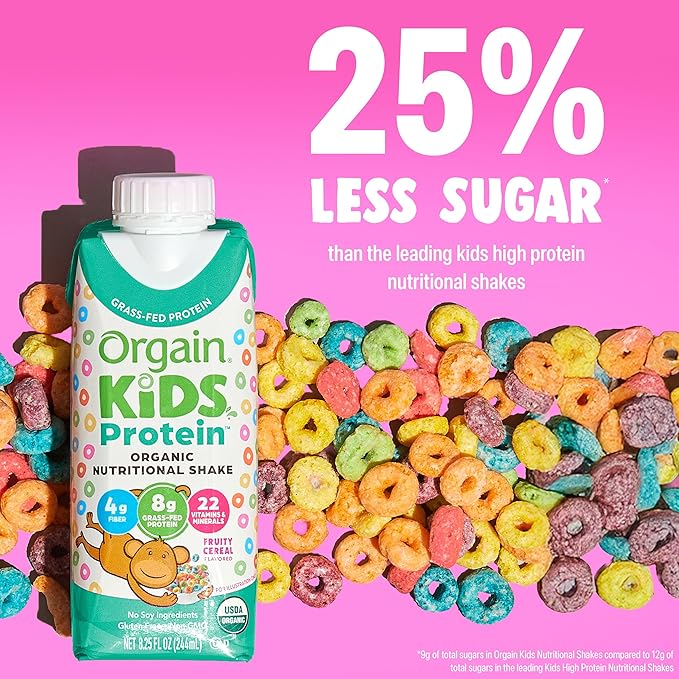 Orgain Organic Kids Nutritional Protein Shake, Fruity Cereal - Kids Snacks with 8g Dairy Protein, 22 Vitamins & Minerals, Fruits & Vegetables, Gluten Free, Soy Free, Non-GMO, 8.25 Fl Oz, (Pack of 24)