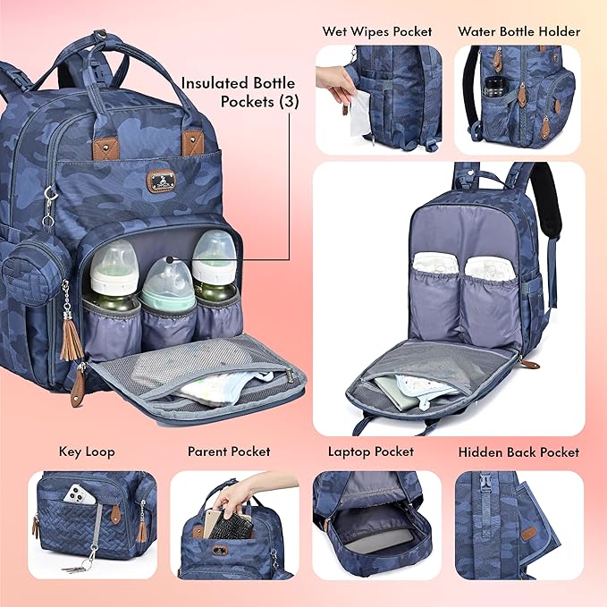 Dikaslon Diaper Bag Backpack with Portable Changing Pad, Pacifier Case and Stroller Straps, Large Unisex Baby Bags for Boys Girls, Multipurpose Travel Back Pack for Moms Dads, Camo