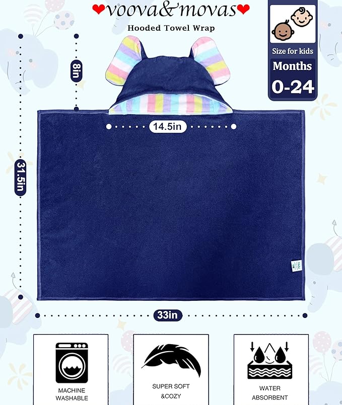 VOOVA & MOVAS Premium Navy Baby Hooded Bath Towel - 100% Cotton,500GSM, 33x31.5 Inches,0-2Years, Super Absorbent Large Towel with Cute Elephant Ears Hood for Newborn,Infant, Baby Essentials,Navy