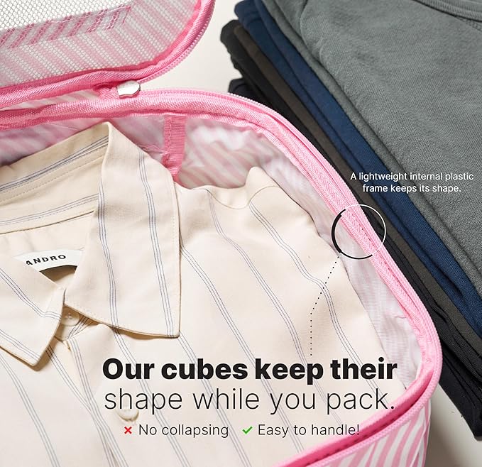 LeanTravel Premium Compression Packing Cubes for Travel - Luggage Organizers with Double Zipper - Sturdy Bags for Suitcase (6-Pack, Pink Stripes)