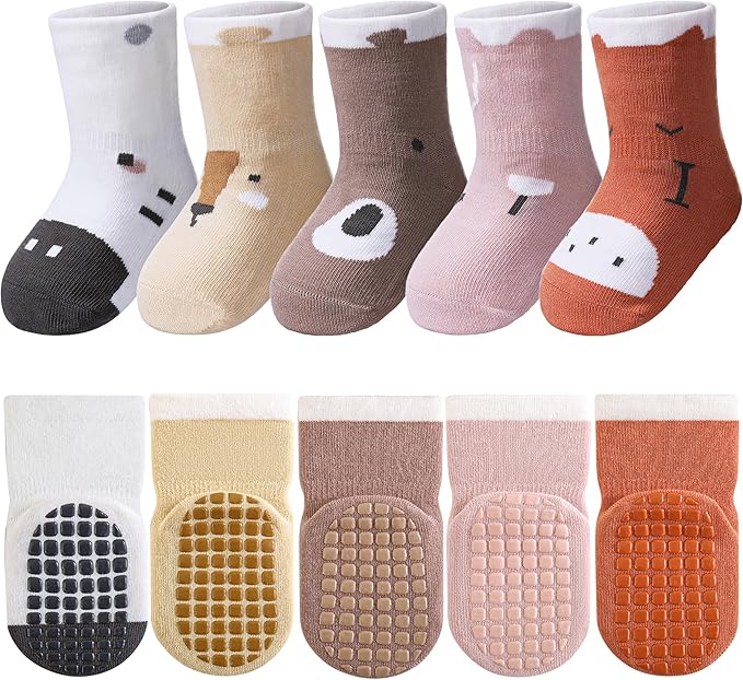 TRUEHAN 5 Pairs Toddler Non Slip Socks with Grips Baby Socks for Kids Girls Boys