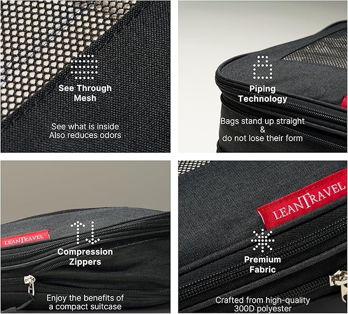 LeanTravel Premium Compression Packing Cubes for Travel - Luggage Organizers with Double Zipper - Sturdy Bags for Suitcase (4-Pack, Black)