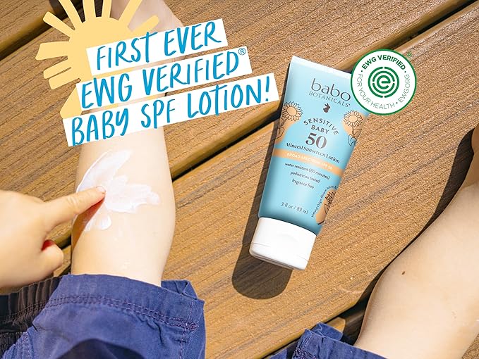 Babo Botanicals Sensitive Baby Mineral Sunscreen Lotion SPF50, Natural Zinc Oxide, Face & Body, Fragrance-Free, Water Resistant, EWG Verified, Vegan, Extra Sensitive Skin, For Babies/Kids (Pack of 2)