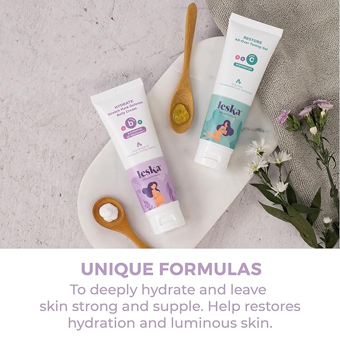 Leska Maternity Stages B & C Set | HYDRATE Belly Cream & RESTORE All-Over Toning Gel | Pregnant Moms Months 6-9 and Postpartum | Part of Complete 3-Part Maternity Skincare System (Set of 2, 4oz each)