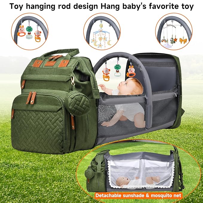 Baby Diaper Bags with Changing Station Multifunctional Waterproof Diaper Bag Backpack Travel Baby Bag with Changing Pad, Pacifier Case,Baby Essentials(Army Green)