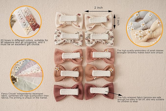 Fancy Clouds Baby Hair Clips with Bows for Girls,20pc Handmade Fully Lined Hair Barrettes,Hair Accessories for All Age Girls Toddlers Infants kids Gifts