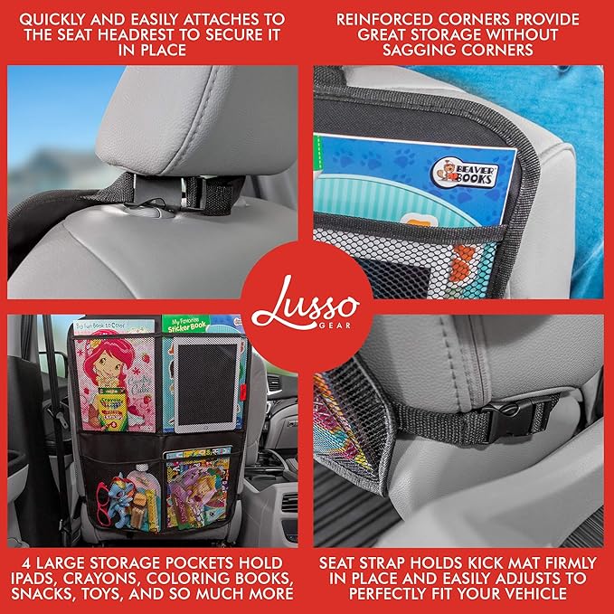 Lusso Gear Kick Mats (2 Pack) - Car Seat Back Protectors, Premium Waterproof Fabric, Reinforced Corners to Prevent Sag, and 4 Mesh Pockets for Large Storage (Gray)