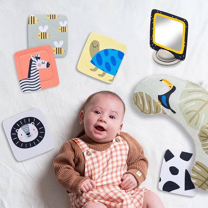 Taf Toys Tummy Time Set with Ergonomic Toy, Double-Sided High Contrast Black & White Flash Cards & Mirror Card, Developmental Baby Play Mat Accessories & Card Stands for Newborn Infant Tummy Time