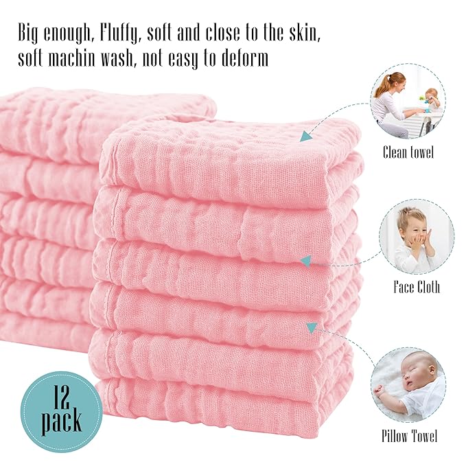 Cute Castle 12 Pack Muslin Burp Cloths for Baby - Ultra-Soft 100% Cotton Baby Washcloths - Large 20'' by 10'' Super Absorbent Milk Spit Up Rags - Burpy Cloths for Unisex, Boy, Girl - Pink