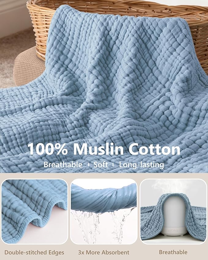 Baby Bath Towels, 100% Muslin Cotton Hooded Baby Towels for Newborn, 2 Pack Baby Towels with Hood for Infant Toddler and Kids, Large 32x32Inch Unisex Bath Essentials, Soft and Absorbent