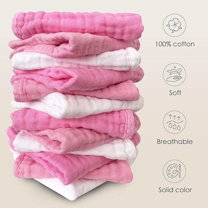 Sunny zzzZZ Baby Muslin Washcloths -100% Cotton Muslin Soft Baby Bath Wash Cloths and Absorbent Burp Cloths for Newborns Kids Girls and Boys -12 Pack, 12x12 Inches - White+Deep Sakura Series