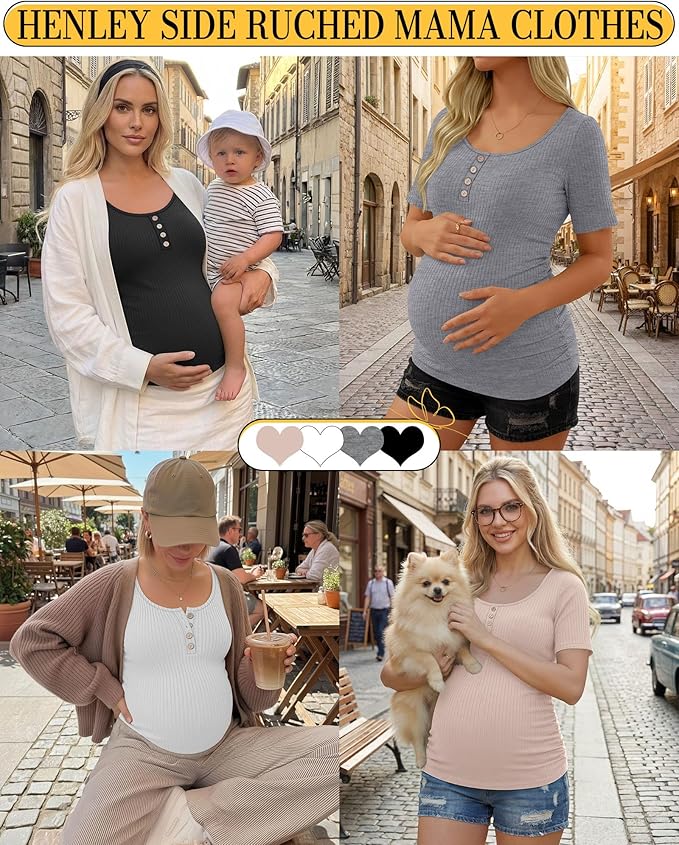 4 Pack Womens Maternity Shirts Scoop Neck Cotton Short Sleeve Ribbed Pregnancy Top Henley Side Ruched Mama Clothes