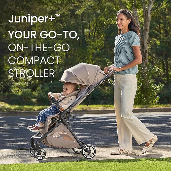 Britax Juniper+ Compact Stroller, Portable & Lightweight On-The-Go Stroller with Fastpack & One-Hand RapidFold, Infant Car Seat Compatible, Built-in Carry Strap, Ventilating Fabrics — Teak