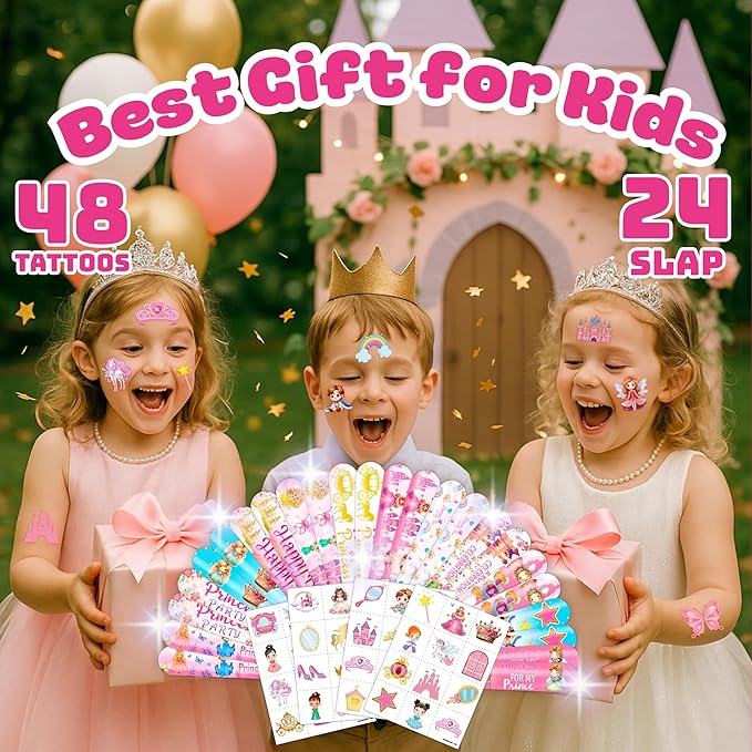 72PCS Little Princess Party Set - 48PCS Temporary Tattoos & 24PCS Slap Bracelets - Cute Birthday Supplies, Baby Shower Gifts, Classroom Rewards & Princess-Themed Decor for Girls