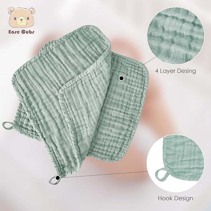 12 Pack Muslin Washcloths for Baby - 100% Cotton Baby Wash Cloths for or Baby Face Body Comfy and Soft for Newborn Infants Kids Girls and Boys - 12"x12" - Green
