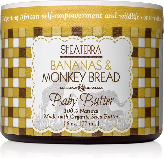 Shea Terra Organics Mama and Baby Collection | Bananas & Monkey Bread Baby Butter | Non Toxic All Natural Emollient with Baobab and Shea Butter for Cradle Cap, Rashes, Diaper Area and Dry Skin – 6oz