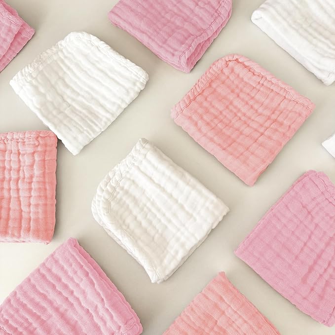 Sunny zzzZZ Baby Muslin Washcloths -100% Cotton Muslin Soft Baby Bath Wash Cloths and Absorbent Burp Cloths for Newborns Kids Girls and Boys -12 Pack, 12x12 Inches - White+Light Sakura Series