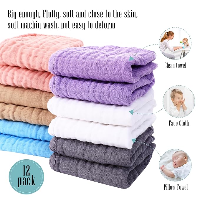 Cute Castle 24 Pack Muslin Burp Cloths for Baby - Ultra-Soft 100% Cotton Baby Washcloths - Large 20'' by 10'' Super Absorbent Milk Spit Up Rags - Burpy Cloths for Unisex, Boy, Girl - Multicolor