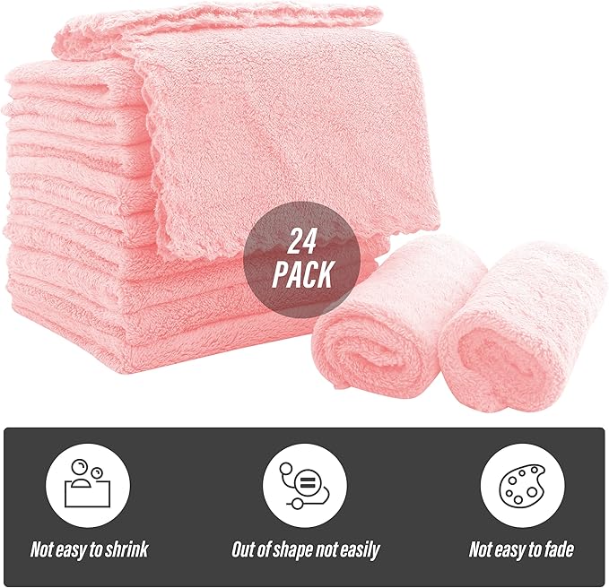 Sunny zzzZZ Ultra Soft 24 Pack Baby Washcloths - 10x10 Inches - Coral Fleece Extra Absorbent Wash Clothes for Babies, Infants and Toddlers - Sensitive Skin and Newborn - Ideal Baby - Pink