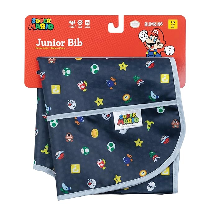 Bumkins Short Sleeve Bib for Girl or Boy, Toddler and Kids for 1-3 Years, Large Size, Essential Must Have for Junior Children, Eating, Mess Saving Soft Fabric Apron for Play, Nintendo Super Mario