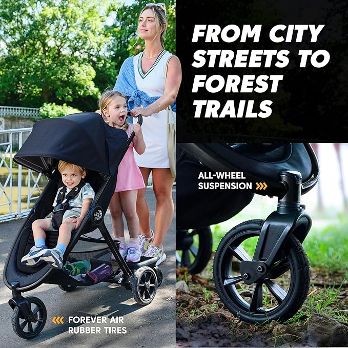 Baby Jogger City Mini GT3 All Terrain Stroller with Forever Air Rubber Tires and All Wheel Suspension with Magnetic Buckle and No-Rethread Harness, Height-Adjustable Handlebar, and Foot Brake