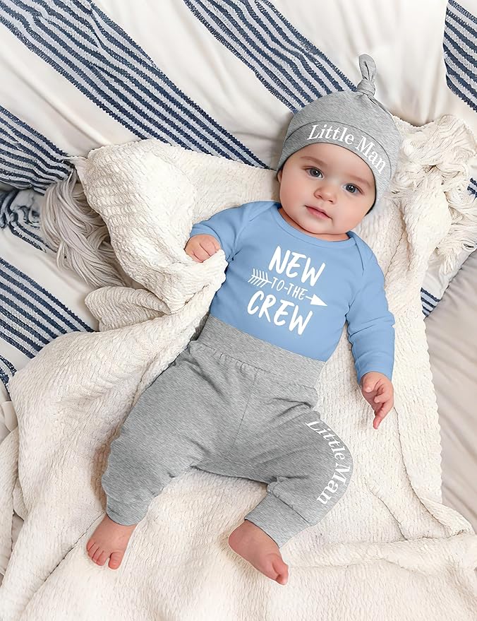Fommy Newborn Baby Boy Clothes New to The Crew Letter Print Romper+ Pants+Hat 3PCS Outfit