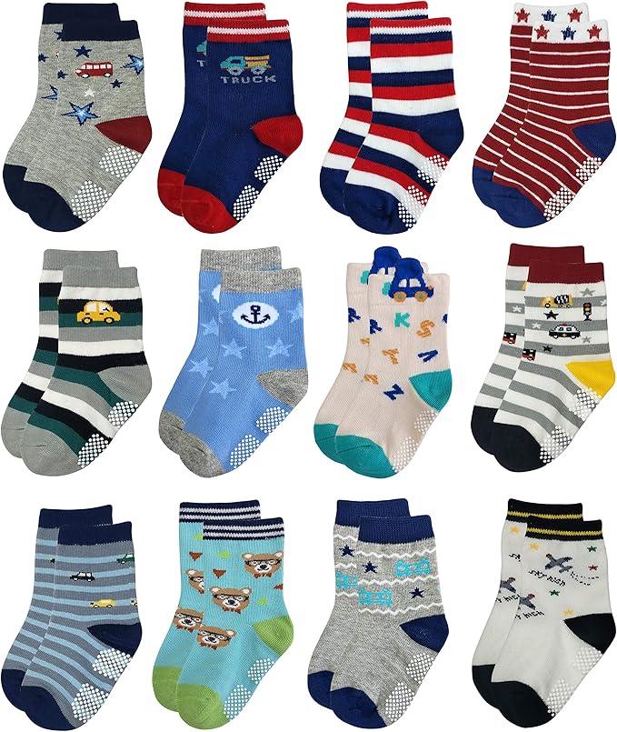 RATIVE Non Skid Anti Slip Crew Socks With Grips for Baby Infant Toddlers Kids Boys