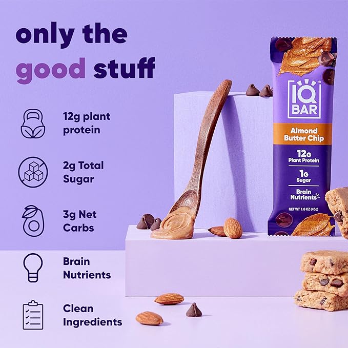 IQBAR Brain and Body Clean Plant Protein Bars - Almond Butter Chip - 24 Bars - Keto, Vegan, High Fiber, Gluten and Dairy Free, Low Sugar Snack with Nutrients for Focus, Energy, Meal Replacement