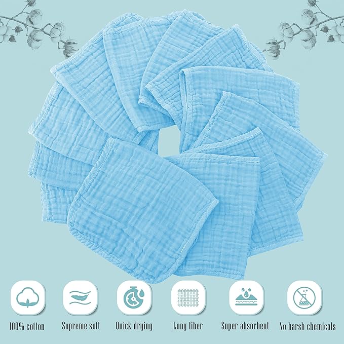 Cute Castle 24 Pack Muslin Burp Cloths for Baby - Ultra-Soft 100% Cotton Baby Washcloths - Large 20'' by 10'' Super Absorbent Milk Spit Up Rags - Burpy Cloths for Unisex, Boy, Girl - Aquamarine