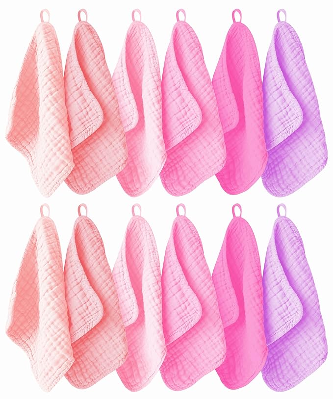 12 Pack Muslin Washcloths for Baby - 100% Cotton Baby Wash Cloths for or Baby Face Body Comfy and Soft for Newborn Infants Kids Girls and Boys - 12"x12" - Pink, Purple and Sakura Series