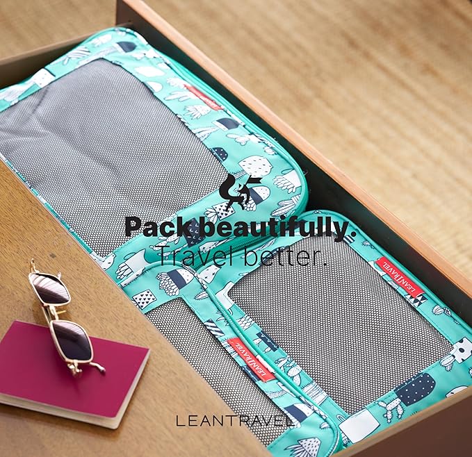 LeanTravel Premium Compression Packing Cubes for Travel - Luggage Organizers with Double Zipper - Sturdy Bags for Suitcase (6-Pack, Green Cactus)