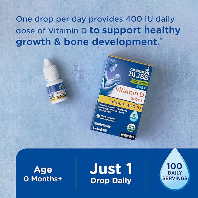 Mommy's Bliss Organic Baby Vitamin D Drops | Infant Vitamin D3 Drops Promote Healthy Growth and Bone Development | Newborn+ | 0.11 Fl Oz (100 Servings) | Pack of 2