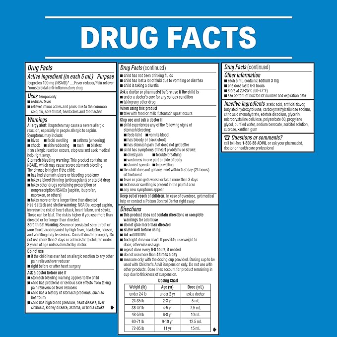 Advil Children's Pain Reliever and Fever Reducer, Dye Free Children's Ibuprofen for Pain Relief, Liquid Ibuprofen for Children, White Grape - 4 Fl Oz (Pack of 3)