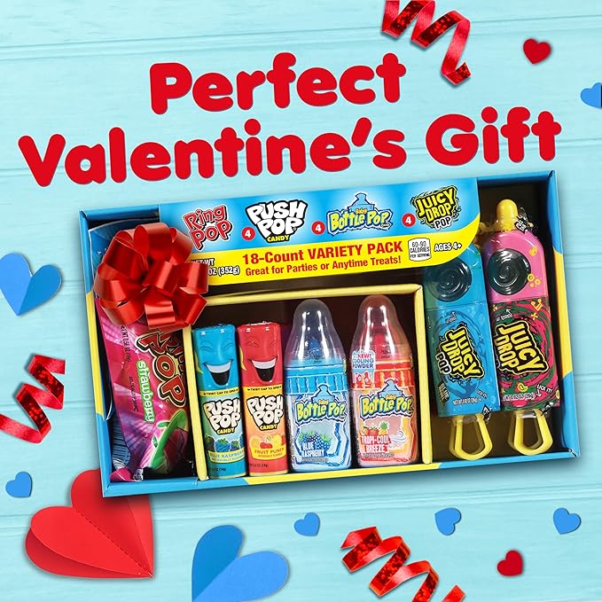 Candy Variety Pack, 18Ct Assorted Valentine's Candy Lollipops, Bulk Individually Wrapped Ring Pop, Push Pop, Baby Bottle Pop & Juicy Drop, Birthday Party Favors, Valentine's Gifts, Kids Goodie Bags
