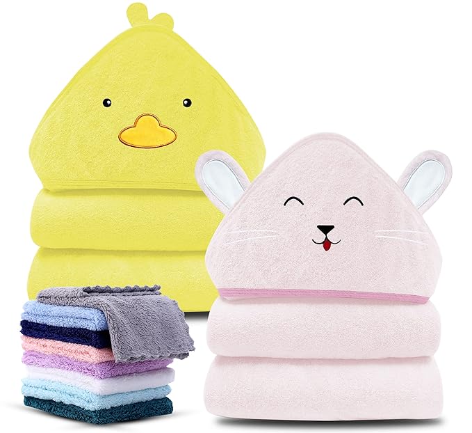 Cute Castle 2 Pack Hooded Baby Towel Rayon Made from Bamboo with 8 Washcloths - Soft Bath Towel for Bathtub for Babie, Newborn, Infant, Natural Baby Stuff Towel (Duck and Rabbit)