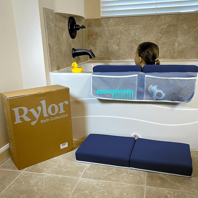 Rylor Premium Baby Bath Kneeler Mat & Elbow Rest Pad Set – Comfortable Bath Kneeler and Elbow Kneeling Rest Pad for Parents, Extra Long 26'', 2.4'' Thick, Non-Slip Support for Easy Bath Time (Blue)