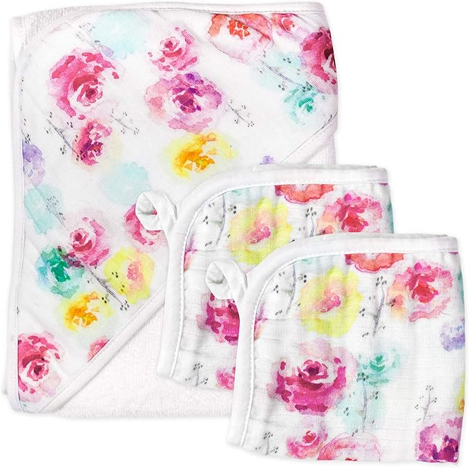 HonestBaby 3-Piece Organic Cotton Hooded Towel & Washcloth Set, Rose Blossom, One Size