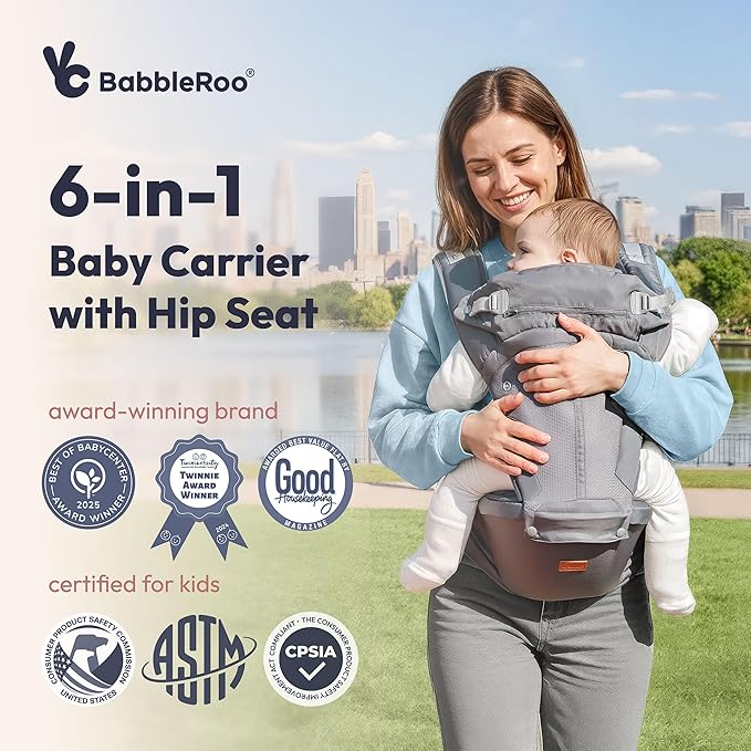 BabbleRoo Grow Carrier – Safety-Certified 6-in-1 Toddler & Baby Carrier with Hip Seat, Ergonomic & Adjustable Toddler Carrier 7-50 lbs with Hip Support, Hood for Sun Protection, Newborn to Toddler