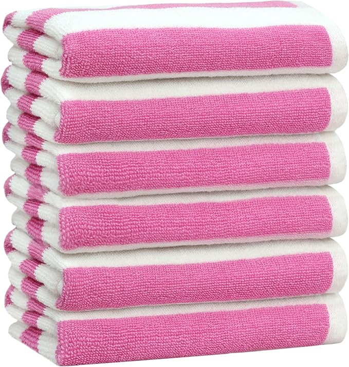 ORIGINAL KIDS Hand Towels - Set of 6 Cabana Stripe 100% Cotton Yarn Dyed Terry Hand Towels - Super Soft Quick Dry Easy Care Absorbent Towels for Bathroom Kitchen Toddlers Children - 16x27 - Pink White