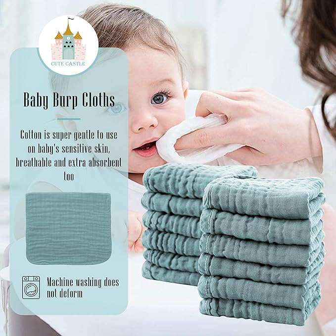 Cute Castle 12 Pack Muslin Burp Cloths for Baby - Ultra-Soft 100% Cotton Baby Washcloths - Large 20'' by 10'' Super Absorbent Milk Spit Up Rags - Burpy Cloths for Unisex, Boy, Girl - Dark Green