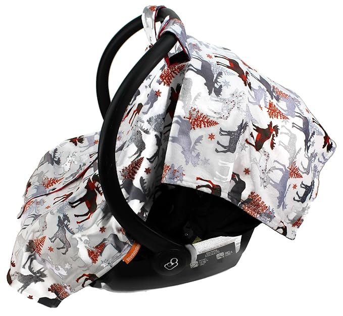 Dear Baby Gear Car Seat Canopy - Unisex Infant Car Seat Cover - Soft and Breathable Fabric - Fits Most Carseats - Winter Moose/Red Black Plaid - 40"x30"