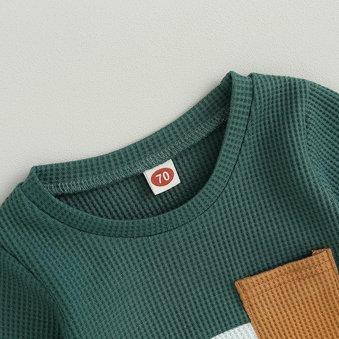 Toddler Baby Boy Fall Outfit Long Sleeve Crew Neck Contrast Color Sweatshirt Top Pant Cute Newborn Infant Waffle Clothes
